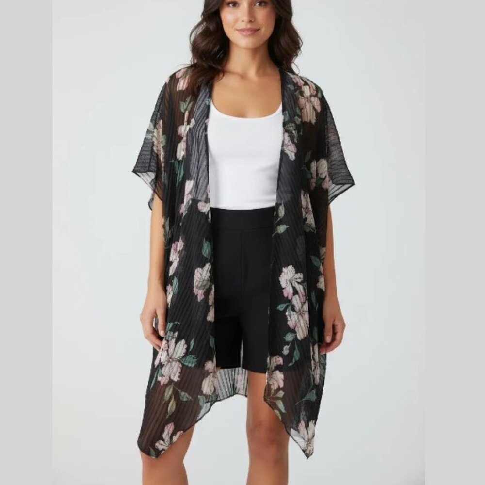 Cejon Women's Floral Print Crinkle Kimono & Cover-Up Swimwear Black One Size NWT